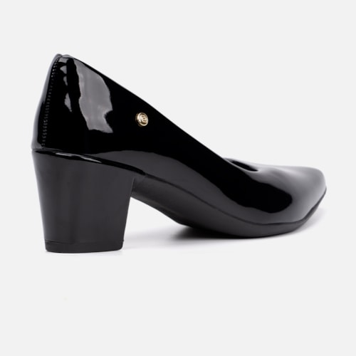Scarpin Feminino Bico Fino Salto Bloco Grosso Brilhante Luxo Preto