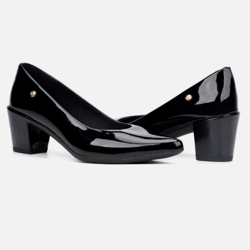 Scarpin Feminino Bico Fino Salto Bloco Grosso Brilhante Luxo Preto