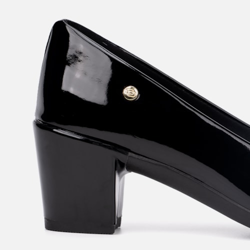 Scarpin Feminino Bico Fino Salto Bloco Grosso Brilhante Luxo Preto