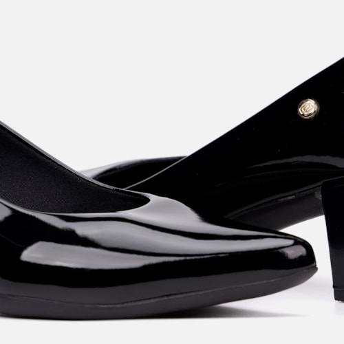 Scarpin Feminino Bico Fino Salto Bloco Grosso Brilhante Luxo Preto