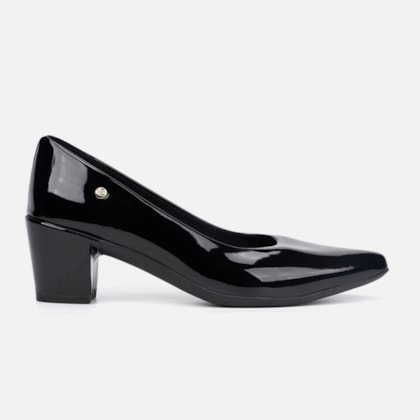 Scarpin Feminino Bico Fino Salto Bloco Grosso Brilhante Luxo Preto