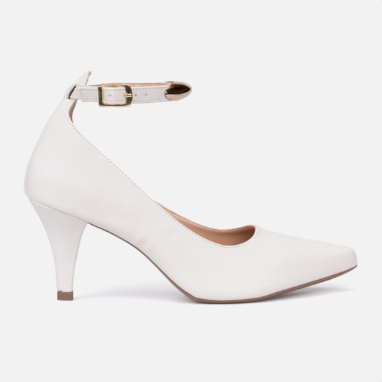 Scarpin Feminino Off White Bico Fino Enfeite Metalizado