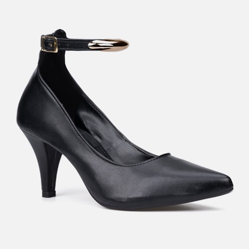 Scarpin Feminino Preto Bico Fino Enfeite Metalizado
