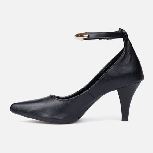 Scarpin Feminino Preto Bico Fino Enfeite Metalizado