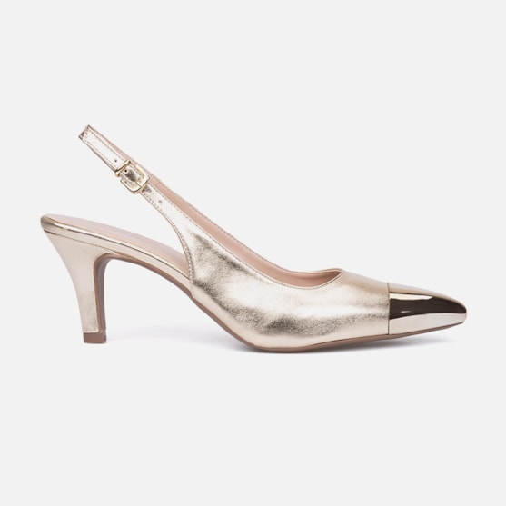 Scarpin Feminino Slingback Bico Fino Metalizado Salto Fino Elegante Dourado
