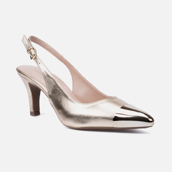 Segunda imagem do produto Scarpin Feminino Slingback Bico Fino Metalizado Salto Fino Elegante Dourado