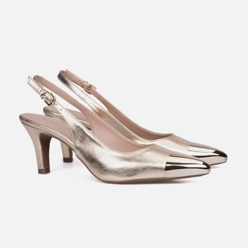 Scarpin Feminino Slingback Bico Fino Metalizado Salto Fino Elegante Dourado
