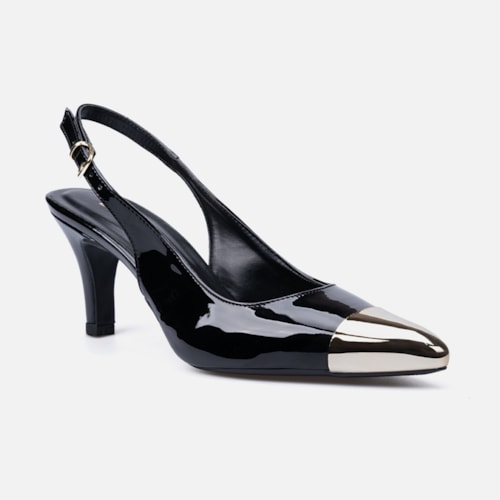 Scarpin Feminino Slingback Bico Fino Metalizado Salto Fino Elegante Preto