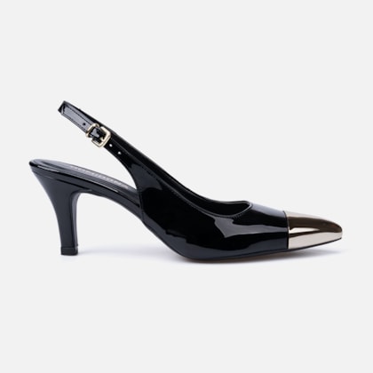 Scarpin Feminino Slingback Bico Fino Metalizado Salto Fino Elegante Preto
