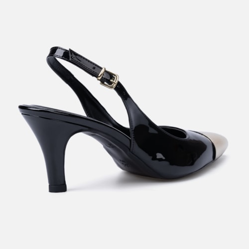 Scarpin Feminino Slingback Bico Fino Metalizado Salto Fino Elegante Preto