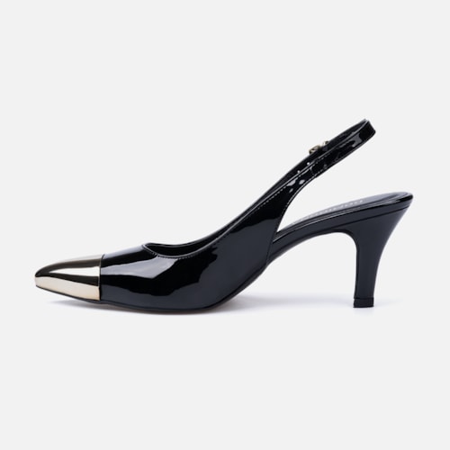 Scarpin Feminino Slingback Bico Fino Metalizado Salto Fino Elegante Preto