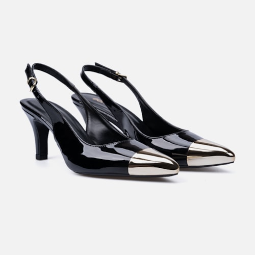 Scarpin Feminino Slingback Bico Fino Metalizado Salto Fino Elegante Preto