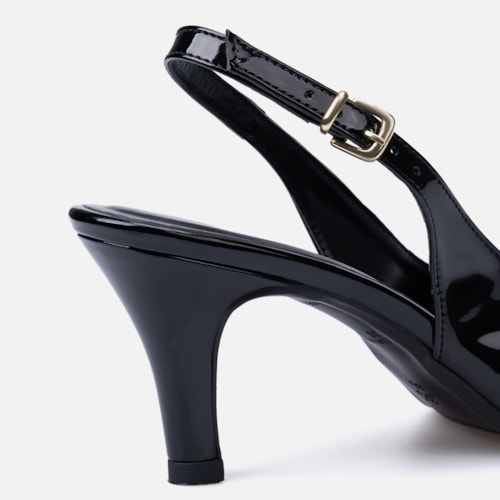 Scarpin Feminino Slingback Bico Fino Metalizado Salto Fino Elegante Preto