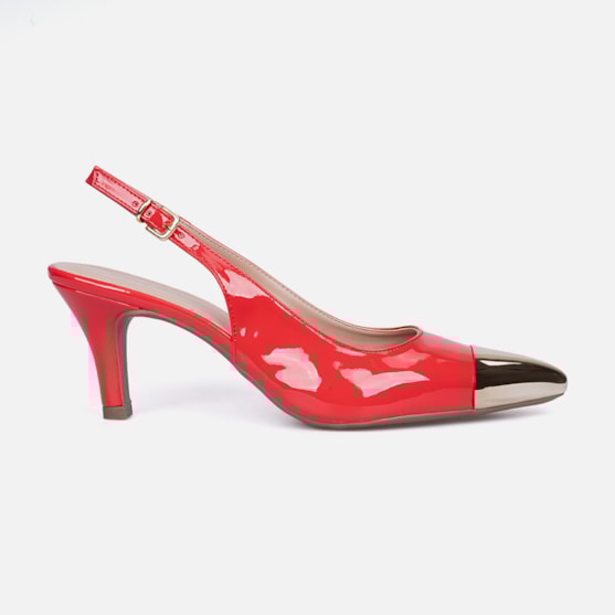 Scarpin Feminino Slingback Bico Fino Metalizado Salto Fino Elegante Vermelho