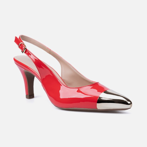 Scarpin Feminino Slingback Bico Fino Metalizado Salto Fino Elegante Vermelho