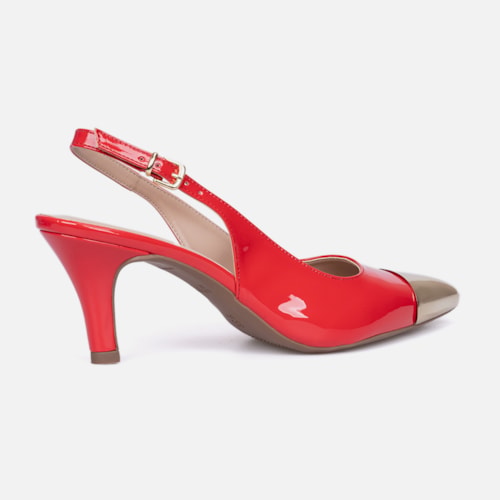 Scarpin Feminino Slingback Bico Fino Metalizado Salto Fino Elegante Vermelho