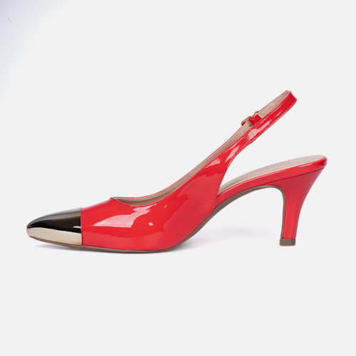 Scarpin Feminino Slingback Bico Fino Metalizado Salto Fino Elegante Vermelho