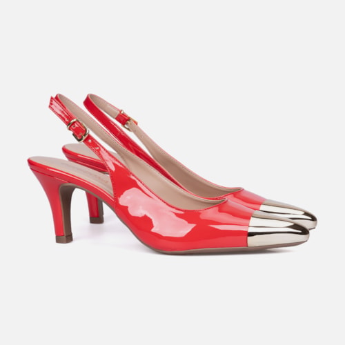 Scarpin Feminino Slingback Bico Fino Metalizado Salto Fino Elegante Vermelho