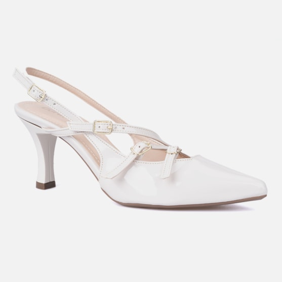 Segunda imagem do produto Scarpin Feminino Slingback Salto Alto Fino Tiras Com Fivelas Off White