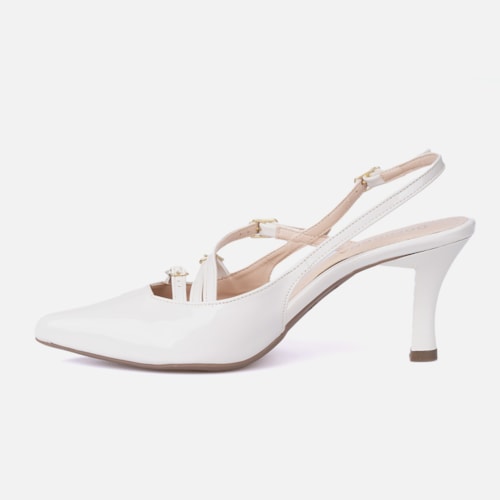 Scarpin Feminino Slingback Salto Alto Fino Tiras Com Fivelas Off White