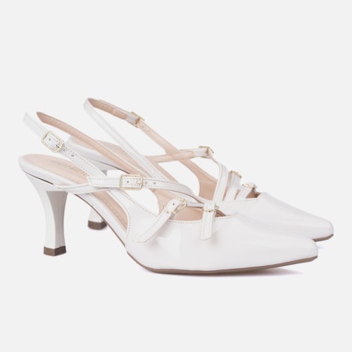 Scarpin Feminino Slingback Salto Alto Fino Tiras Com Fivelas Off White