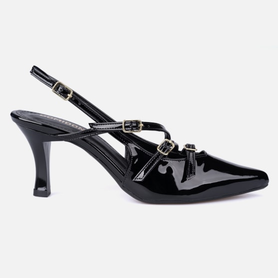 Scarpin Feminino Slingback Salto Alto Fino Tiras Com Fivelas Preto