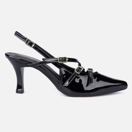 Scarpin Feminino Slingback Salto Alto Fino Tiras Com Fivelas Preto