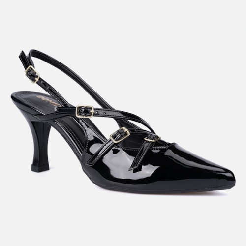 Scarpin Feminino Slingback Salto Alto Fino Tiras Com Fivelas Preto