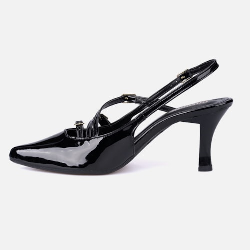 Scarpin Feminino Slingback Salto Alto Fino Tiras Com Fivelas Preto