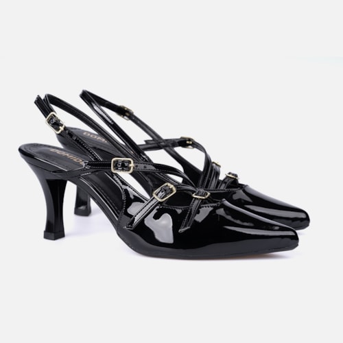 Scarpin Feminino Slingback Salto Alto Fino Tiras Com Fivelas Preto
