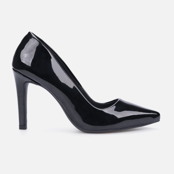 Scarpin Salto Alto Bico Fino Elegante Confortável Preto Verniz