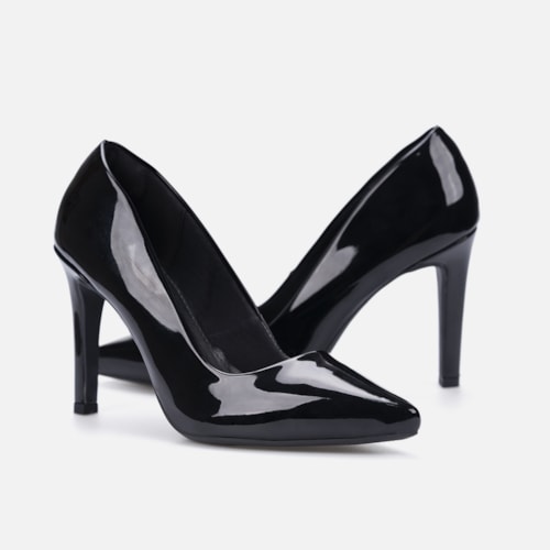 Scarpin Salto Alto Bico Fino Elegante Confortável Preto Verniz