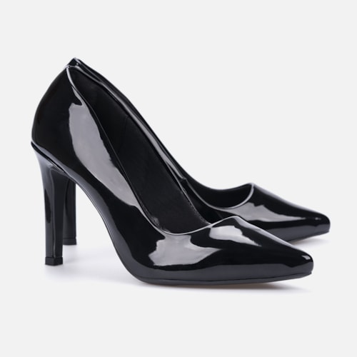 Scarpin Salto Alto Bico Fino Elegante Confortável Preto Verniz
