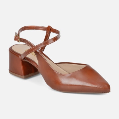 Segunda imagem do produto Scarpin Slingback Feminino Bico Fino Salto Bloco Confortável Caramelo Domidona