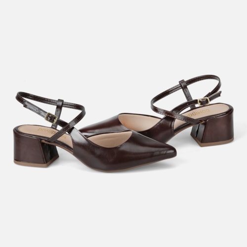 Scarpin Slingback Feminino Bico Fino Salto Bloco Confortável Marrom Domidona