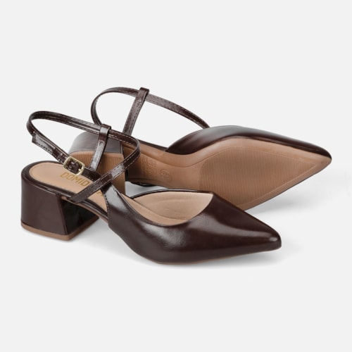 Scarpin Slingback Feminino Bico Fino Salto Bloco Confortável Marrom Domidona