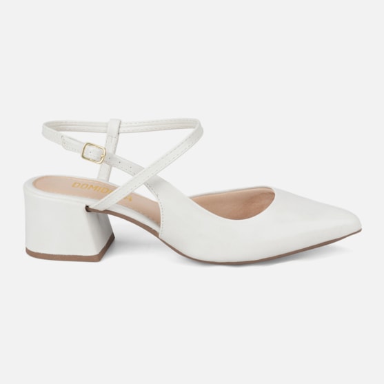 Scarpin Slingback Feminino Bico Fino Salto Bloco Confortável Off White Domidona