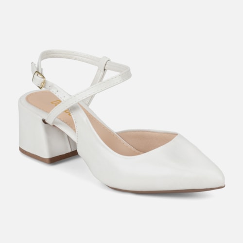 Scarpin Slingback Feminino Bico Fino Salto Bloco Confortável Off White Domidona
