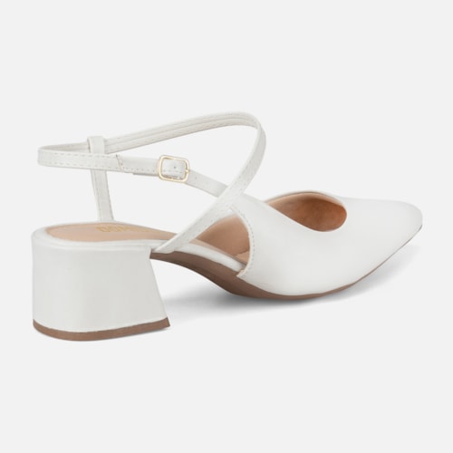 Scarpin Slingback Feminino Bico Fino Salto Bloco Confortável Off White Domidona