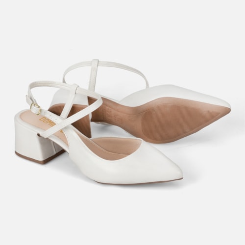 Scarpin Slingback Feminino Bico Fino Salto Bloco Confortável Off White Domidona