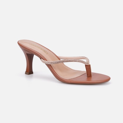 Segunda imagem do produto Tamanco Caramelo de Dedo Domidona Tiras Finas de Strass Salto Médio Fino