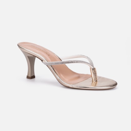 Segunda imagem do produto Tamanco Dourado de Dedo Domidona Tiras Finas de Strass Salto Médio Fino