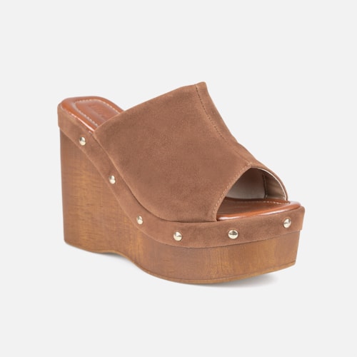 Tamanco Feminino Caramelo Anabela Com Tachas Salto Plataforma Madeira