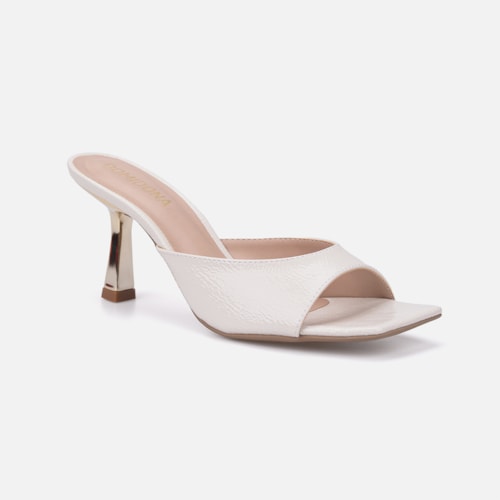 Tamanco Feminino Off White Verniz Molhado Salto Baixo Dourado Metalizado Bico Quadrado