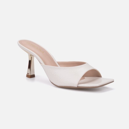 Segunda imagem do produto Tamanco Feminino Off White Verniz Molhado Salto Baixo Dourado Metalizado Bico Quadrado