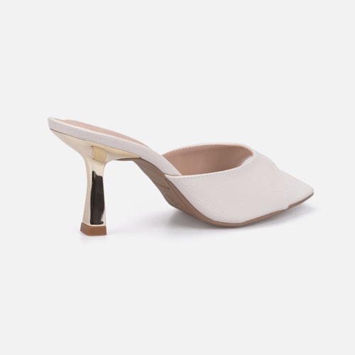 Tamanco Feminino Off White Verniz Molhado Salto Baixo Dourado Metalizado Bico Quadrado