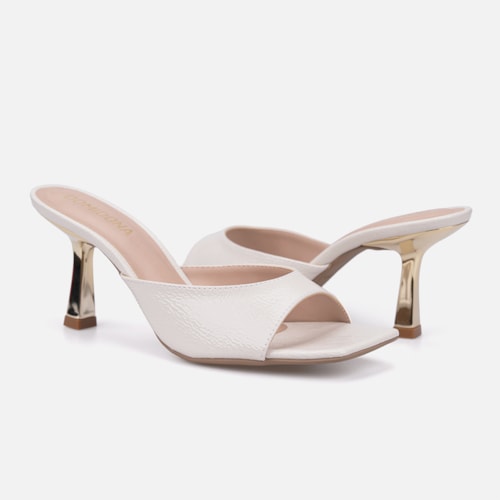 Tamanco Feminino Off White Verniz Molhado Salto Baixo Dourado Metalizado Bico Quadrado