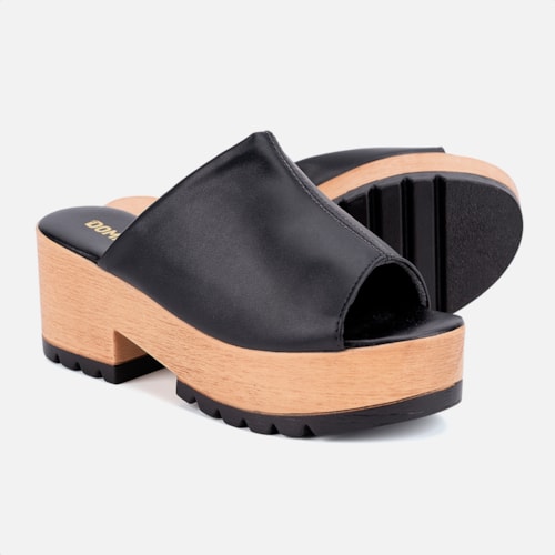 Tamanco Feminino Plataforma Tratorado Clog Madeira Confort Domidona Preto