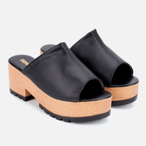 Tamanco Feminino Plataforma Tratorado Clog Madeira Confort Domidona Preto