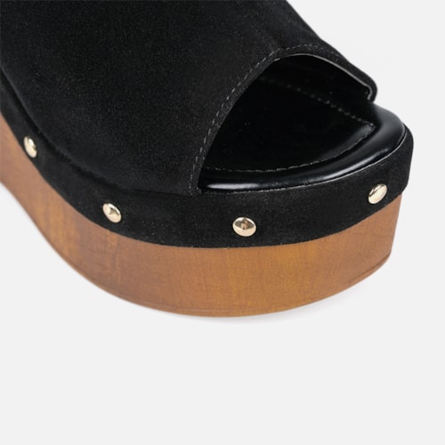 Tamanco Feminino Preto Anabela Com Tachas Salto Plataforma Madeira